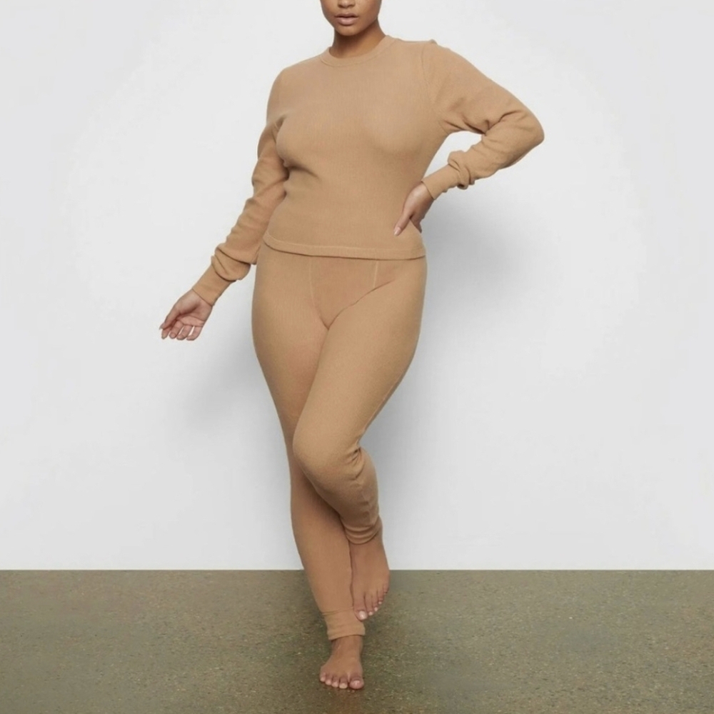 Skims Ochre Waffle Knit Long Sleeve Top Size L